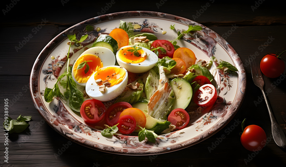 salad with tomato, avocado, eggs