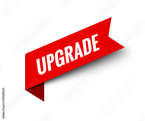 Vibrant Red Upgrade Banner tag. Red ribbon upgrade promotion concept tag icon.