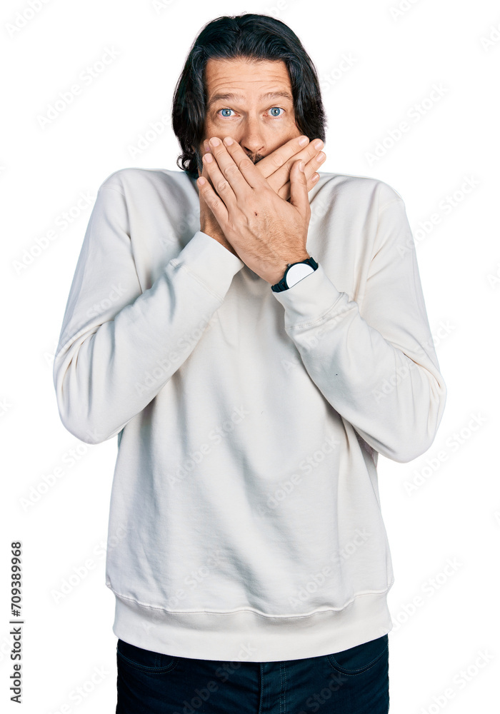 Middle age caucasian man wearing casual clothes shocked covering mouth with hands for mistake. secret concept. Middle age caucasian man wearing casual clothes shocked covering mouth with hands for mistake. secret concept.