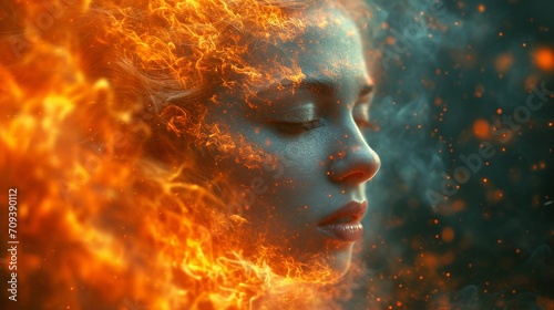 A beautiful photo with double exposure, where a photo of a girl is superimposed on an image of fire
