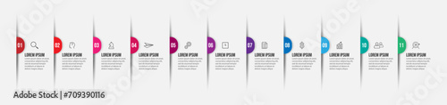 business infographic 11 parts or steps, there are icons, text, numbers. Can be used for presentation banners, workflow layouts, process diagrams, flow charts, infographics, your business presentations