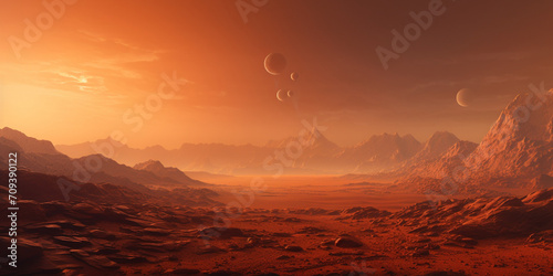 Landscape of unknown red planet surface with craters and mountains with satellites in the sky Fantasy alien planet. Mountain and sand. 3D illustration.AI Generative