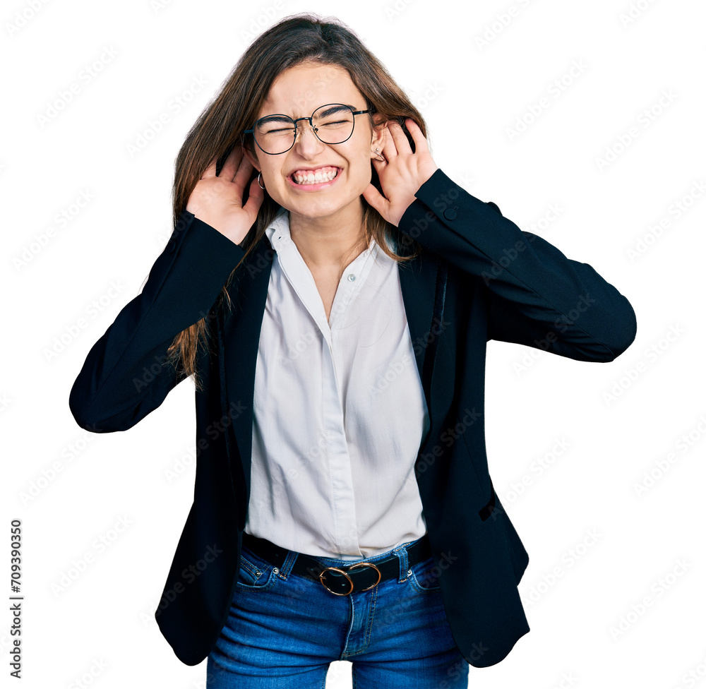 Young caucasian girl wearing business style and glasses trying to hear both hands on ear gesture, curious for gossip. hearing problem, deaf Young caucasian girl wearing business style and glasses trying to hear both hands on ear gesture, curious for gossip. hearing problem, deaf