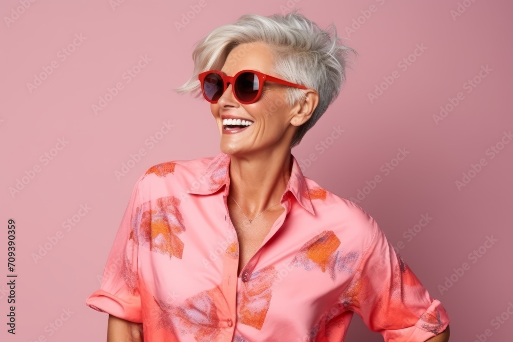 Portrait of a happy senior woman in sunglasses over pink background. Portrait of a happy senior woman in sunglasses over pink background.