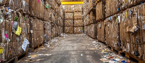 After compressing in a hydraulic press, cardboard and paper waste from the recycling industry are turned into compact squares and transported to a recycling facility. photo