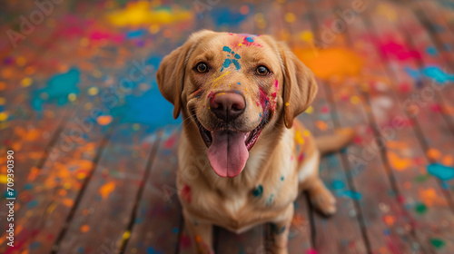 Young labrador dog sitting happily on a porch, face covered with colored paint.  