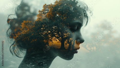 A beautiful photo with a double exposure, where a photo of a girl is superimposed on an image of wildlife photo