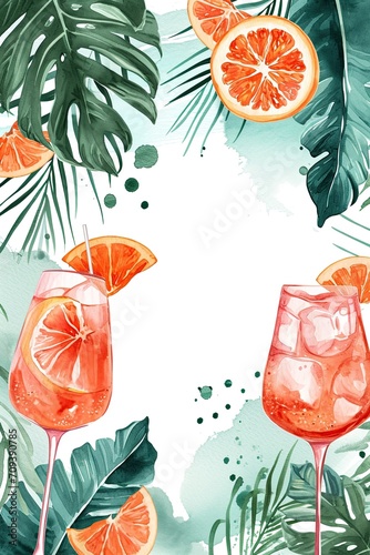 aperol spritz watercolor illustration, tasty cocktail invitation