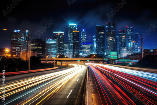 Night cityscape with light trails on highway leading to illuminated skyscrapers. © MyPixelArtStudios