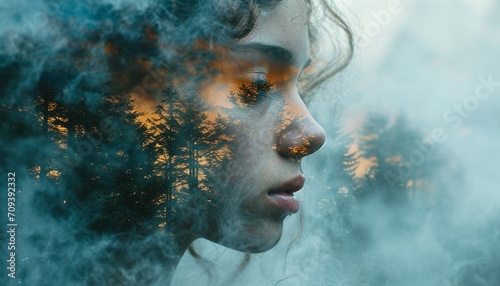 A beautiful photo with a double exposure, where a photo of a girl is superimposed on an image of wildlife