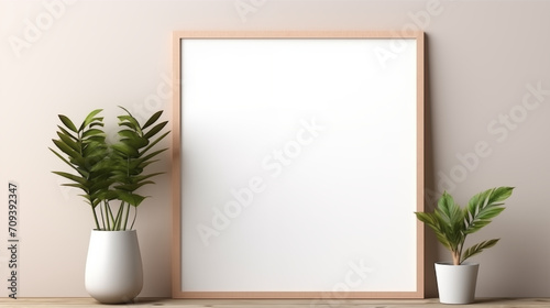 Empty white frame on beige wall, minimalist design
