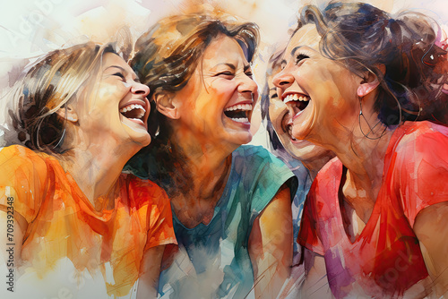 Watercolor painting of three joyful women laughing together, vibrant colors conveying happiness and friendship.