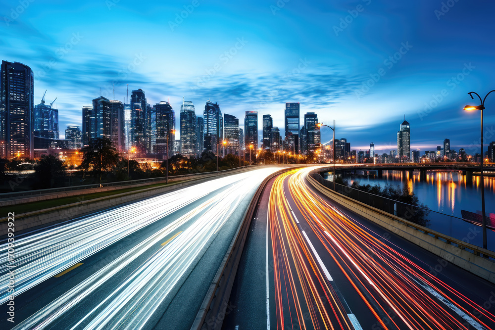 Long exposure of city traffic at twilight with light trails on highway leading to illuminated skyline.