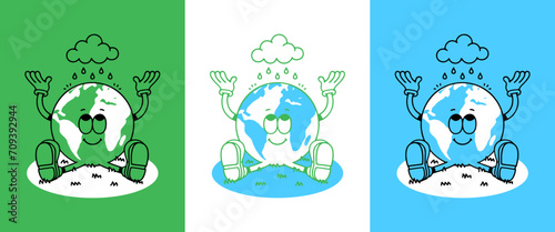 Vintage earth planet cartoon character illustration. Trendy retro nature environment mascot poster. Eco friendly print drawing in 70s comic art style.