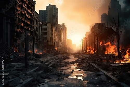 Apocalyptic cityscape with fiery explosions and ruins at sunset.