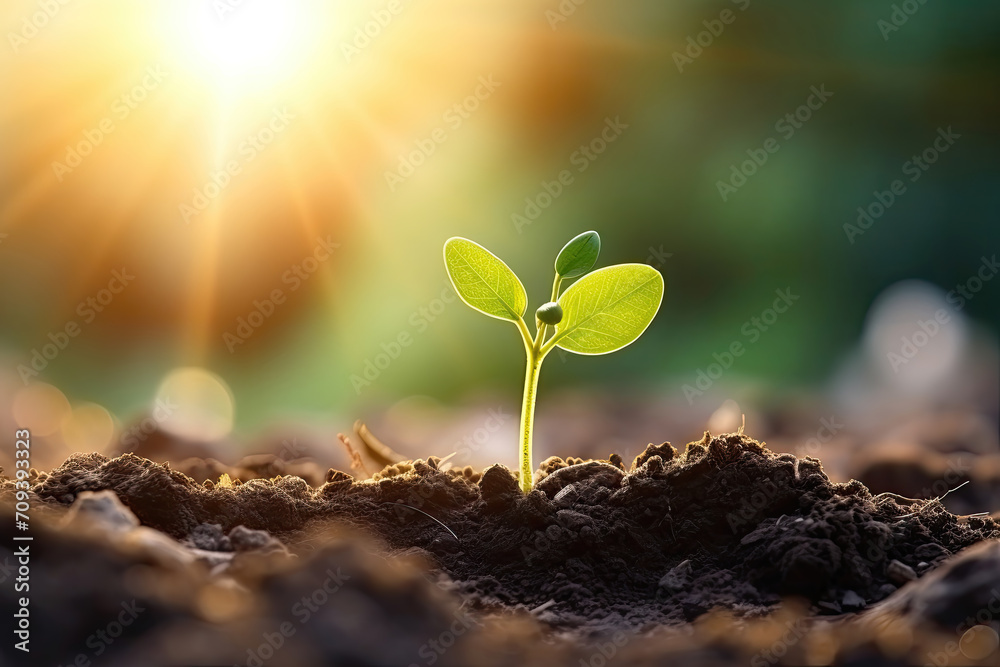 Young plant sprouting from soil with sunrise in the background, symbolizing growth and new beginnings. Young plant sprouting from soil with sunrise in the background, symbolizing growth and new beginnings.