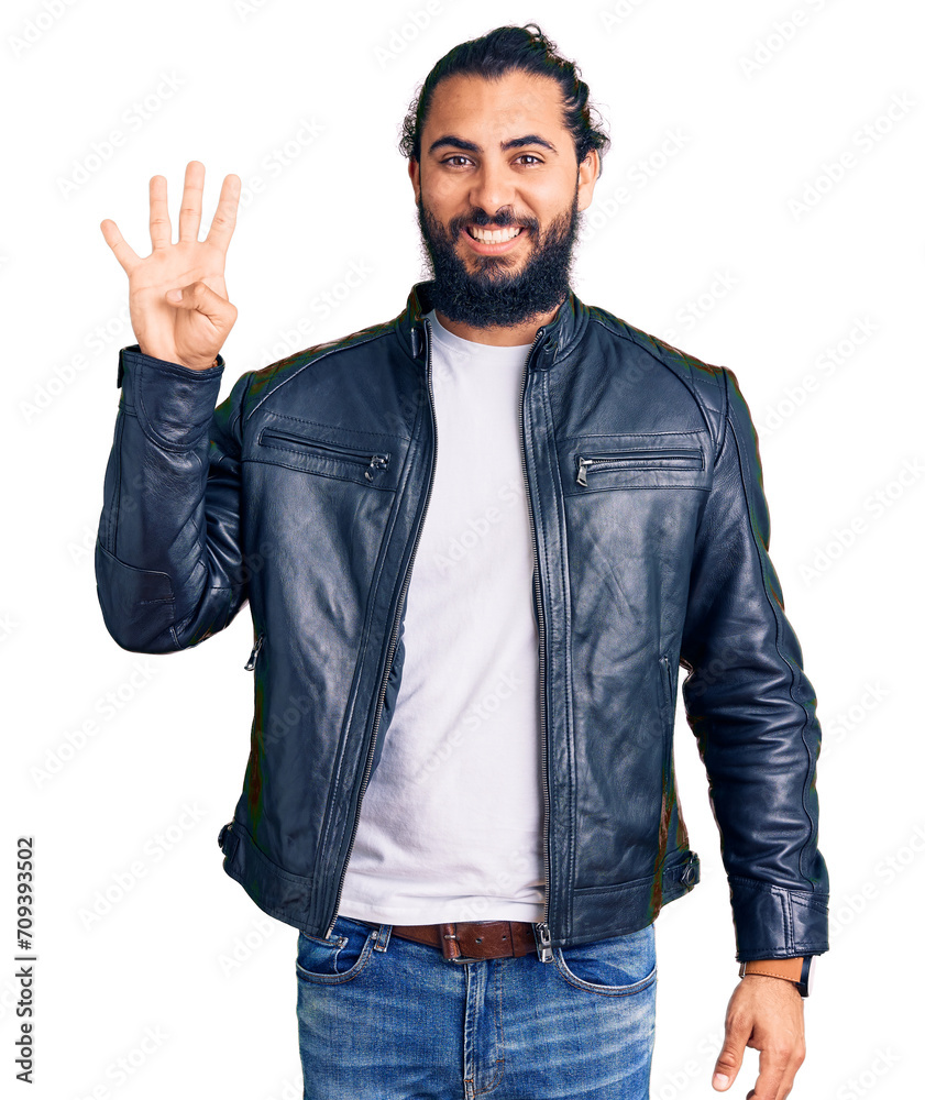 Young arab man wearing casual leather jacket showing and pointing up with fingers number four while smiling confident and happy. Young arab man wearing casual leather jacket showing and pointing up with fingers number four while smiling confident and happy.