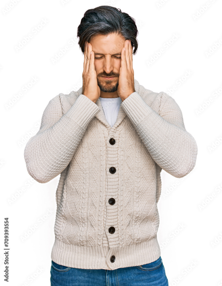 Young hispanic man wearing casual clothes suffering from headache desperate and stressed because pain and migraine. hands on head. Young hispanic man wearing casual clothes suffering from headache desperate and stressed because pain and migraine. hands on head.
