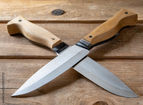 Knives crossed closeup photography isolated on wooden table background