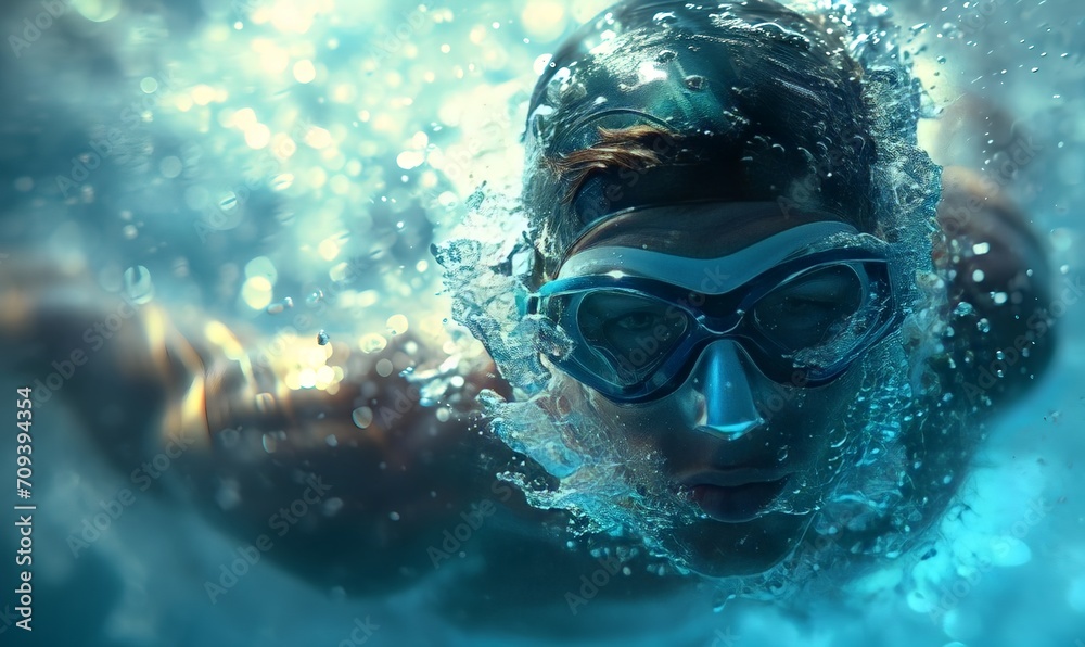 Fototapeta premium Smart Sport Visualization Aerial View of a Determined Swimmer's Training Session, Enhanced by AI-Generated Visuals for Optimal Impact