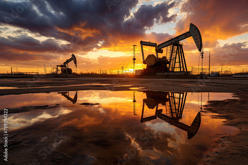 Oil pump jacks at sunset with vivid sky reflections in water. Energy industry concept. photo