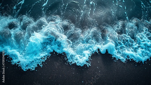 Crystal clear blue ocean waves on a black beach. Colorful contrasting surf