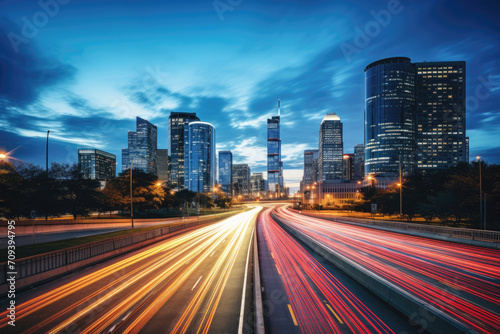 City skyline with light trails on highway during twilight.