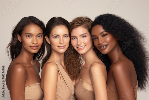 Diverse group of women with radiant skin posing together on a beige background, showcasing beauty and unity. photo