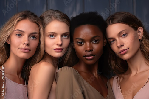 Four diverse women with natural makeup posing together  showcasing beauty and friendship.