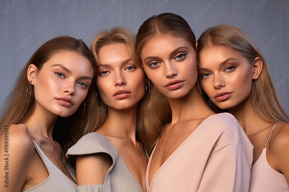 Three young female models with natural makeup posing together, showcasing beauty and elegance. Three young female models with natural makeup posing together, showcasing beauty and elegance.