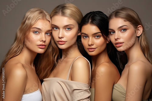 Four young women with natural makeup posing together on a neutral background, showcasing beauty and diversity.
