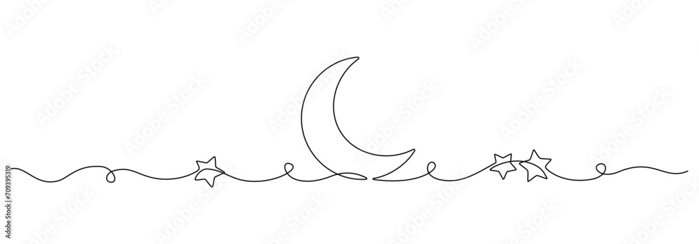 One continuous line drawing of Moon with stars. Ramadan Kareem banner in simple linear style. Sleep symbol with crescent in Editable stroke. Doodle vector illustration One continuous line drawing of Moon with stars. Ramadan Kareem banner in simple linear style. Sleep symbol with crescent in Editable stroke. Doodle vector illustration