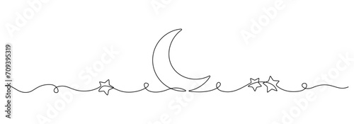 One continuous line drawing of Moon with stars. Ramadan Kareem banner in simple linear style. Sleep symbol with crescent in Editable stroke. Doodle vector illustration photo