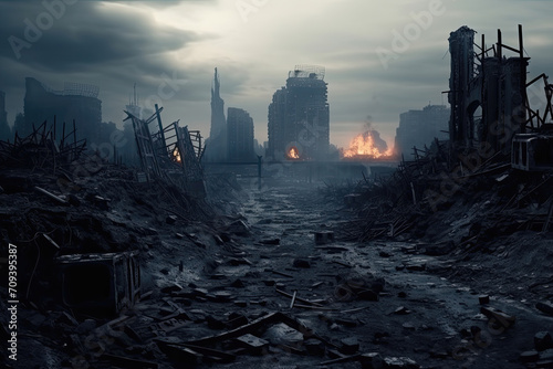 Post-apocalyptic cityscape with ruins and fires under a gloomy sky.