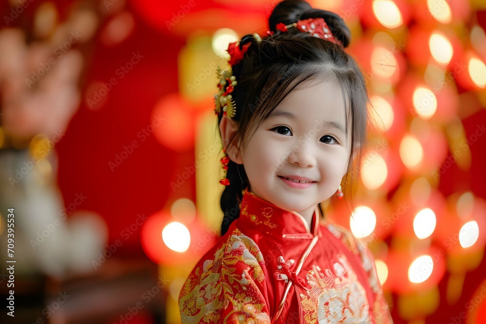 Little Girl Celebrating Chinese New Year in Traditional Festive Chinese Attire Little Girl Celebrating Chinese New Year in Traditional Festive Chinese Attire