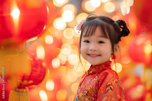 Little Girl Celebrating Chinese New Year in Traditional Festive Chinese Attire