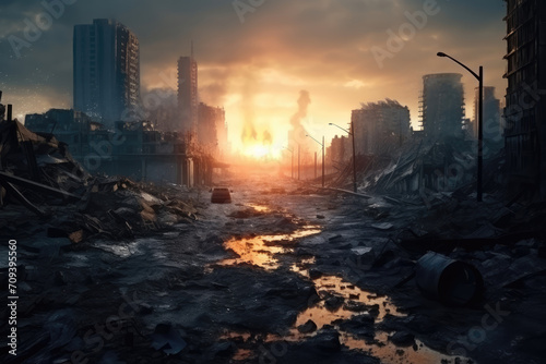 Apocalyptic cityscape at sunset with ruins and dramatic sky.