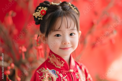 Little Girl Celebrating Chinese New Year in Traditional Festive Chinese Attire