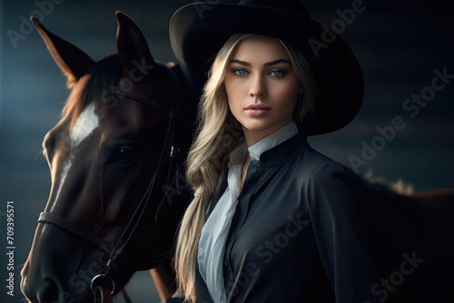 Elegant beauty of a cowgirl: grace meets grit, prairie echoes with the allure of a free-spirited, beautiful woman serene charm of a pretty girl, portrait of grace. photo