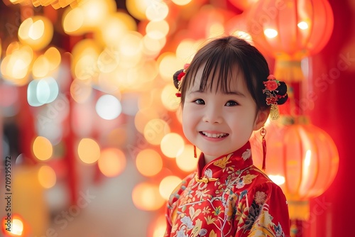 Little Girl Celebrating Chinese New Year in Traditional Festive Chinese Attire