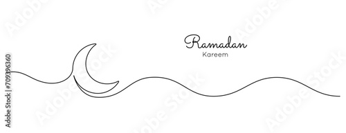 One continuous line drawing of Moon. Ramadan Kareem banner in simple linear style. Sleep symbol with crescent in Editable stroke. Doodle vector illustration