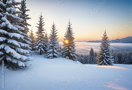 Idyllic snowy scenery with evergreen trees and snow banks. Festive holiday greeting backdrop with room for your message. A magical winter scene.