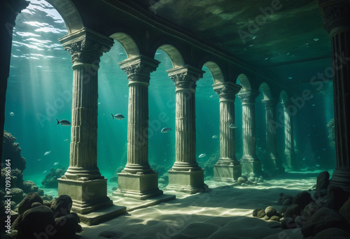 Lost city deep beneath the sea with ancient relics and marine life