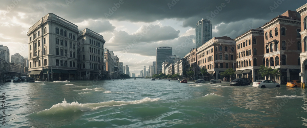 The impact of Climate Change and Global Warming. A crumbling dystopian city which is flooded due to Rising Sea Levels. - obrazy, fototapety, plakaty 