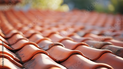 Closeup of a traditional clay roof tile, adding rustic charm to a modern building. photo