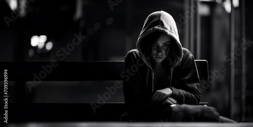black and white portrait of a depressed woman on a black background with copy space photo