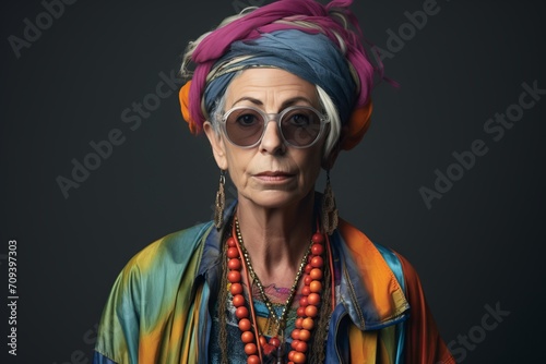 Portrait of senior woman with colorful headscarf and sunglasses.