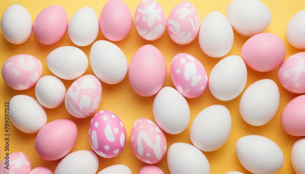 Pattern of pink and white Easter eggs on a yellow background Pattern of pink and white Easter eggs on a yellow background