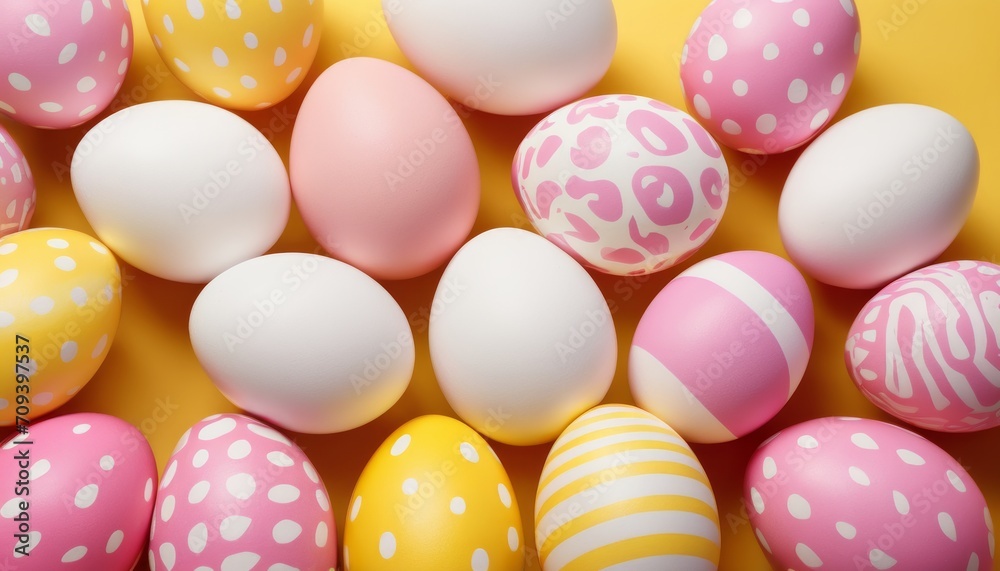 Pattern of pink and white Easter eggs on a yellow background