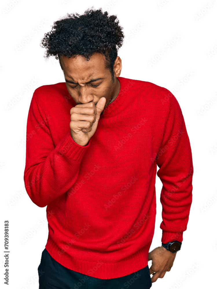 Young african american man with beard wearing casual winter sweater feeling unwell and coughing as symptom for cold or bronchitis. health care concept.